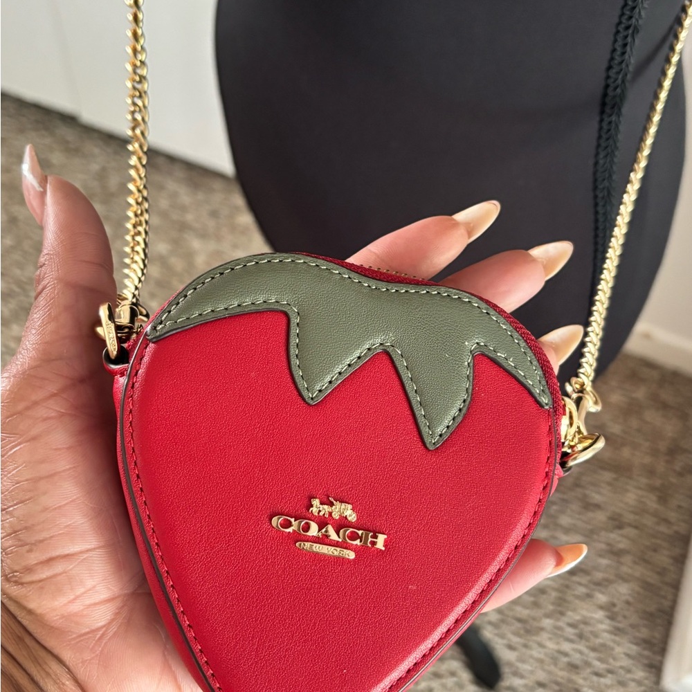 Coach Red Strawberry Mini Crossbody with Olive Top and Gold Chain